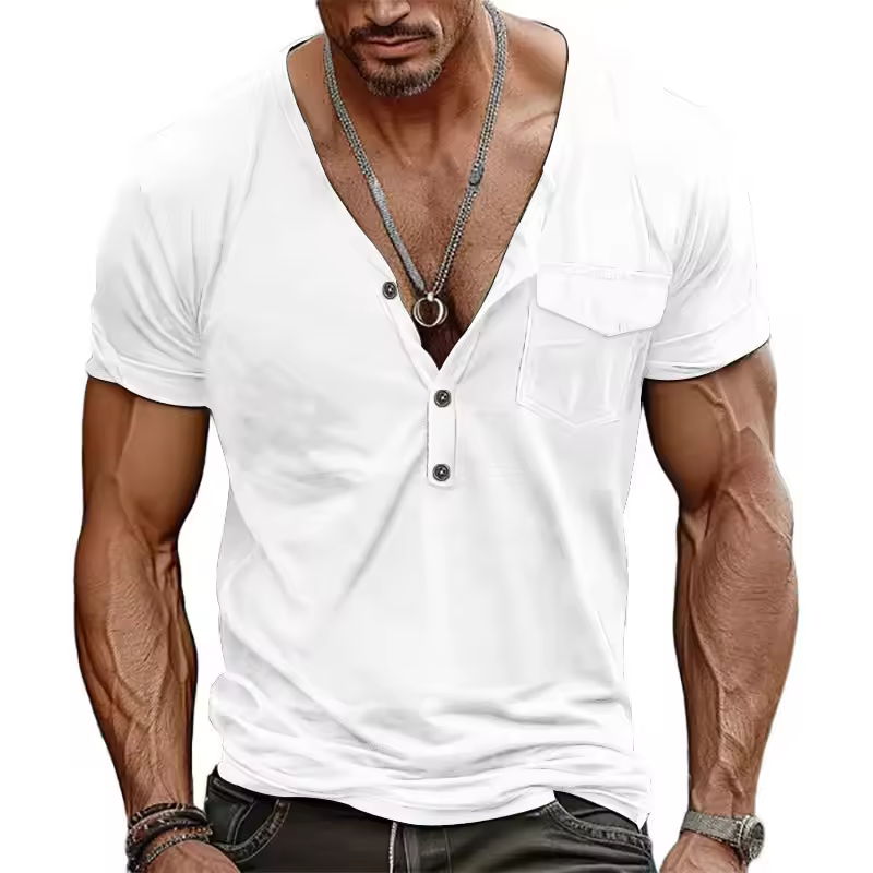 Oem Odm In Stock Men's Oversized Shirt Xxxl Summer Casual Button Fit Short Sleeved T-shirt V-neck Pocket Top
