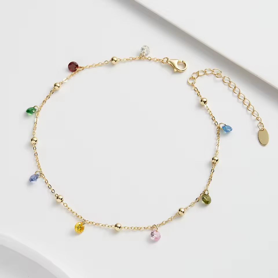 Rinntin Sa93 Rainbow Diamond Zircon Colorful Zircon Bracelet Anklet 925 Sterling Silver 14k Gold Plated Beach Anklet