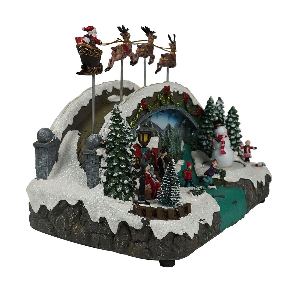 LED Musical Xmas Skiing Bridge and Flying Sleigh Scene Model Figurine Ornament