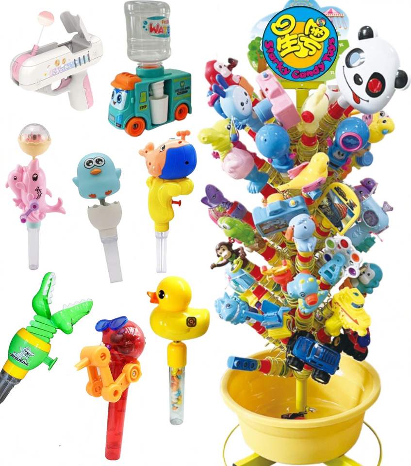 Candies Supplier Cosby Big Red Plastic Tube Candy Toys Turkey with Tree Dispenser Display Rack Christmas Tree Candy Toy