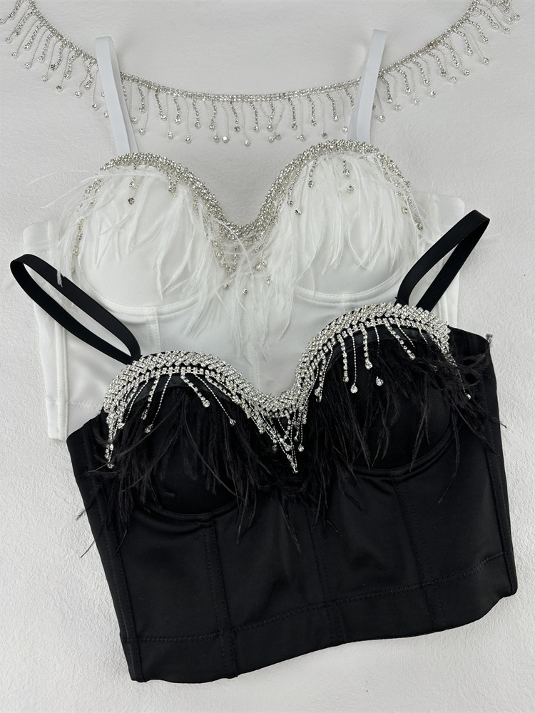 Diamond Pendant Vest Crop Top Feather Fish Bone Stage Shapewear Top