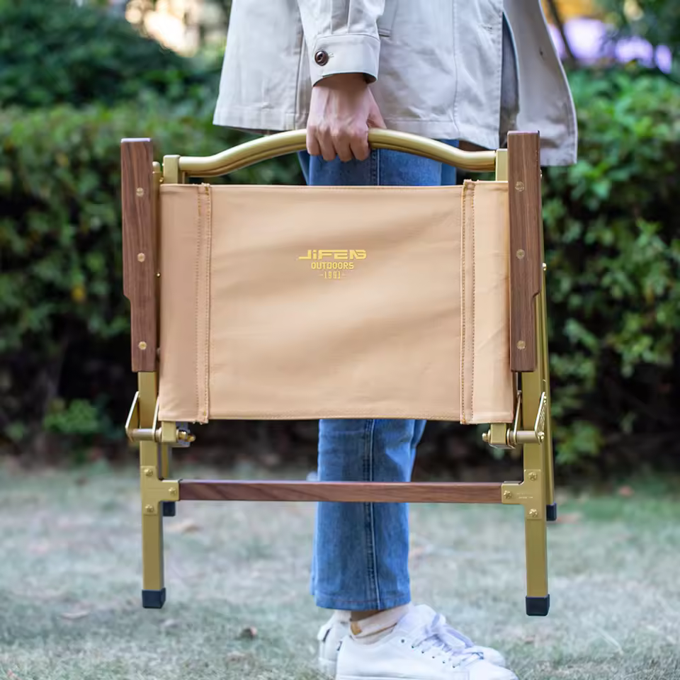 Jifeng Brass Metal & Canvas North American Black Walnut Wood 2 Seconds Open Indoor Or Outdoor Camping Folding Chair