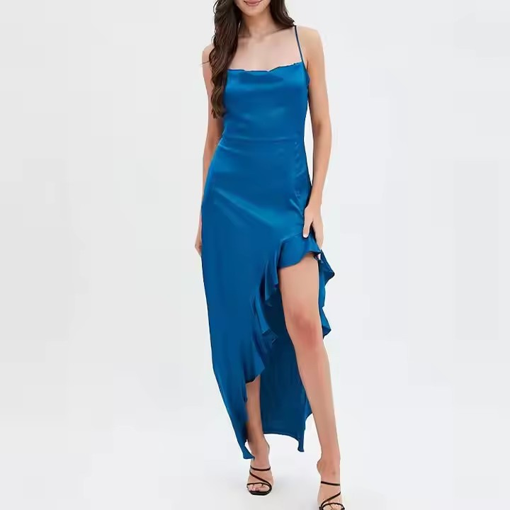 Wholesale Women High Quality Sleeveless Clothing Ruffle Detail Maxi Satin Slip Dresses for Women Ladies
