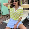 Elegant Casual Viscose Knit Striped Top – Women’ S Short Sleeve V Neck, All-Match Knit Short Sleeve Blouse