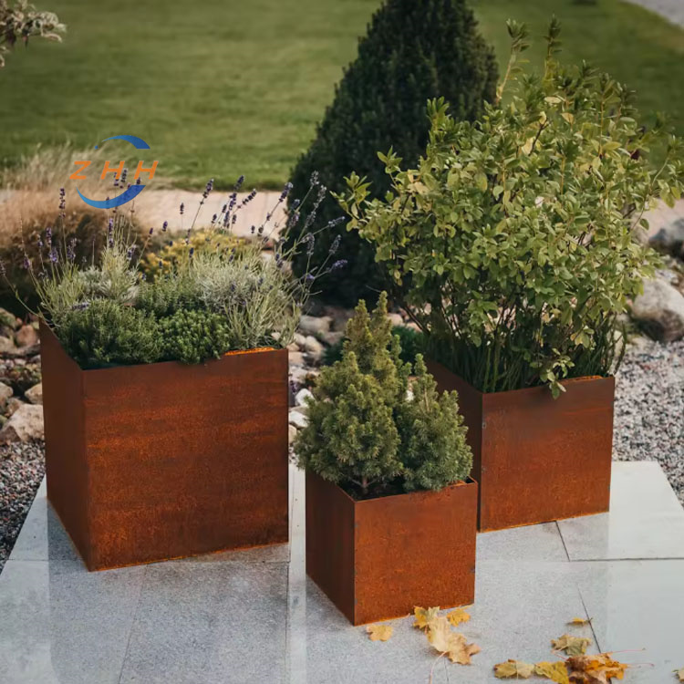 Corten Steel Landscape Planter Rustic Metal Corten Cube Planter for Commercial