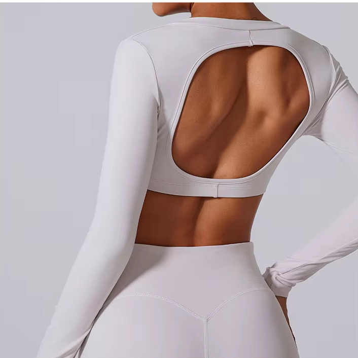 Fashion V Neck Compression Crop Top Back out Gym Workout Long Sleeve T Shirts