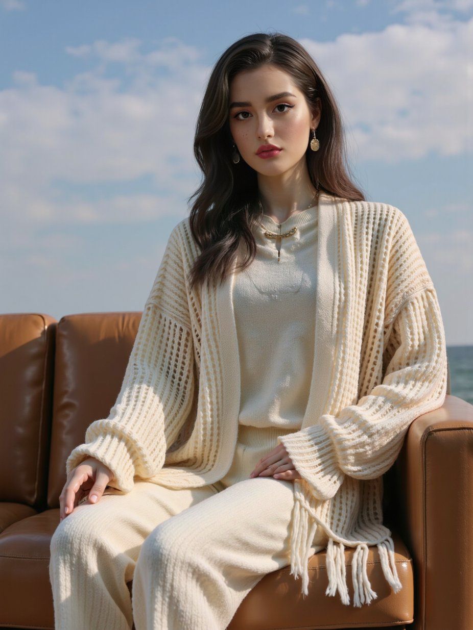 Premium Collection Women's Cashmere Cardigan in Soft Fabric with Cable Knit Pattern and Ribbed Edges.