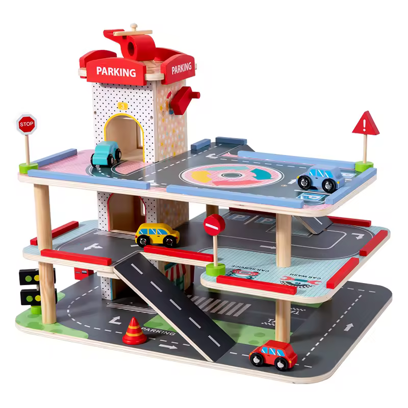 Hoye Craft Children's Educational Toy Three Layers Service Station Play Toy Wooden Parking Lot Toy