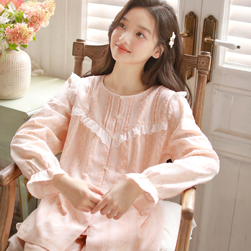 Customizable Women's Spring Pajama Set - New Season Long Sleeve Cotton Gauze Loungewear