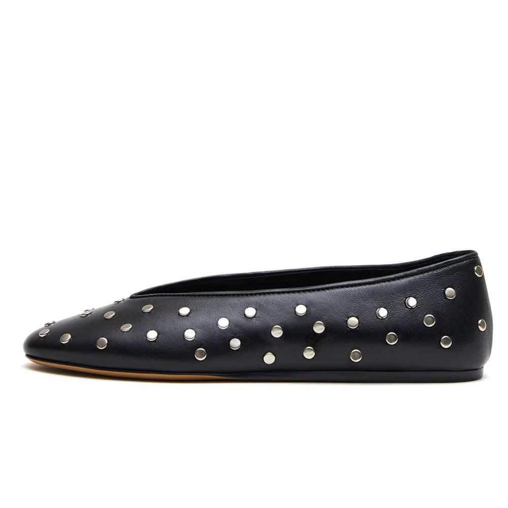 Almond Toe V Cut Studded Women Shoes Ballet Flats Women Calfskin Black White Leather Luxury Hand Made Flat