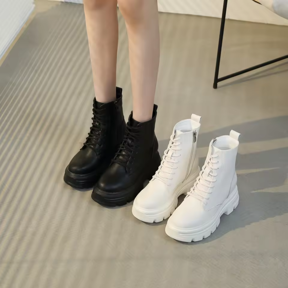 Wholesale Cheap Height Increase Women Shoes New Autumn Spring Black White Lace Up Casual Ankle Boots
