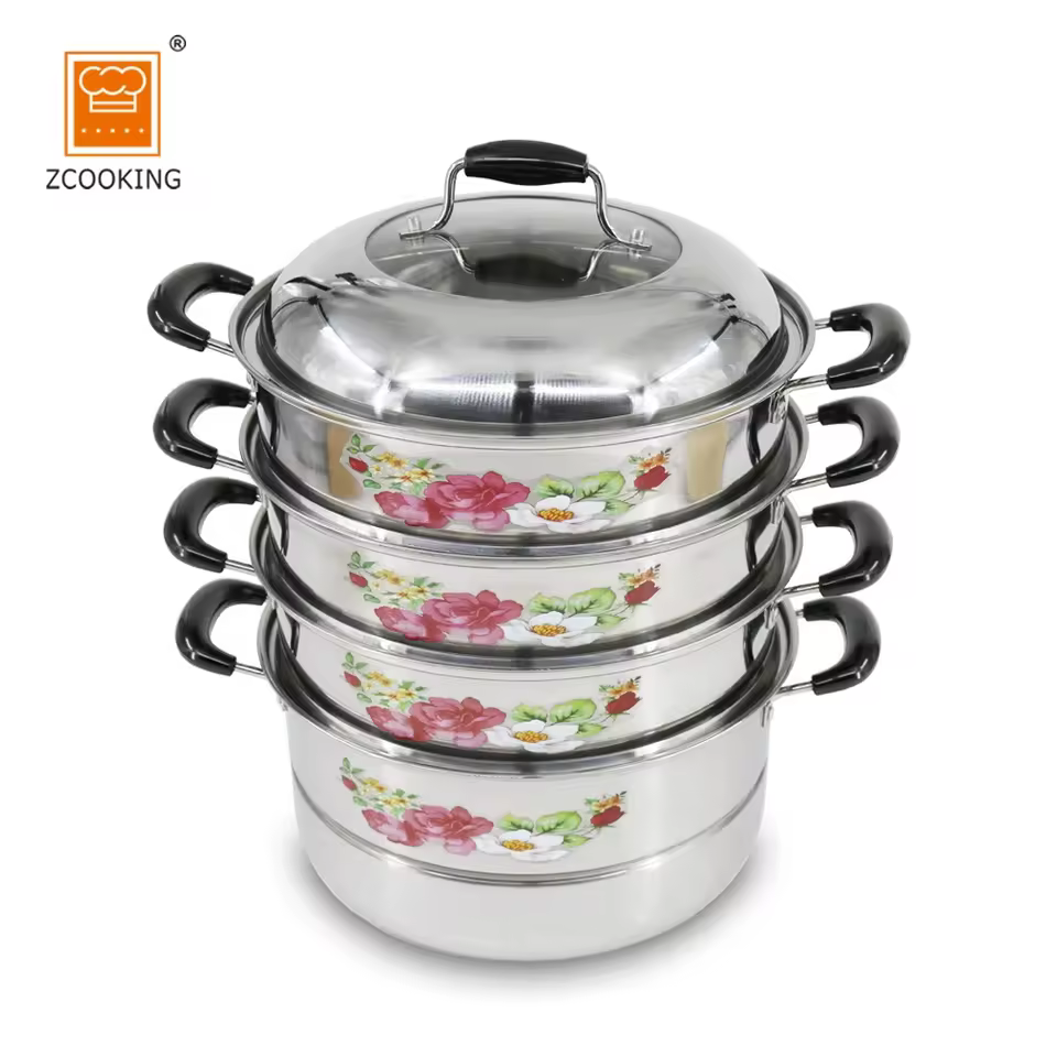 Flower Cooking Pot Set 4layer Stainless Steel 30cm Cookware Sets Mirror Polishing Inside & Outside Single Bottom Visible Lid