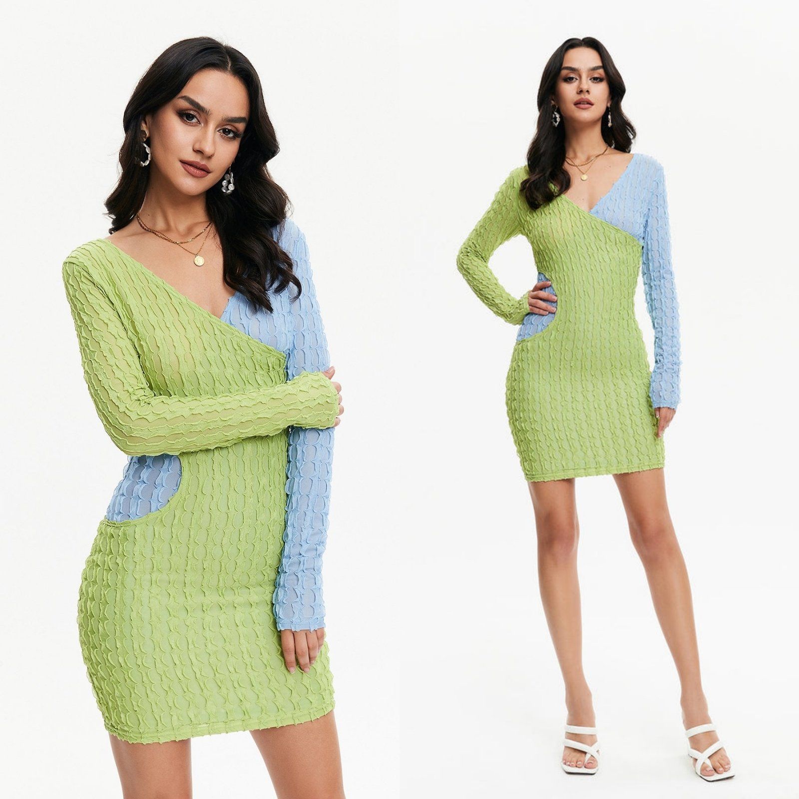 Light Green V Neck OEM China Top Sale Apparel Factory Hot Selling Wholesale Fashion Summer Elegant Ladies Mini Long Sleeves Women Slim Dress