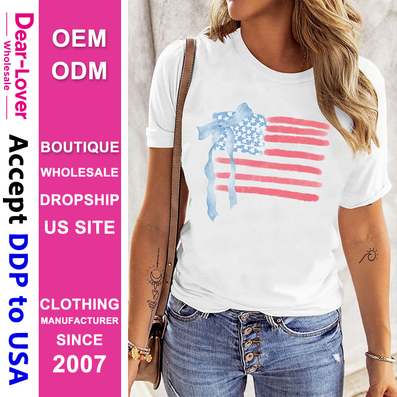 Dear-Lover Wholesale Dropshipping Boutique Clothing Women Manufacturers White American Flag Bow Knot Print Crew Neck Graphic Tee