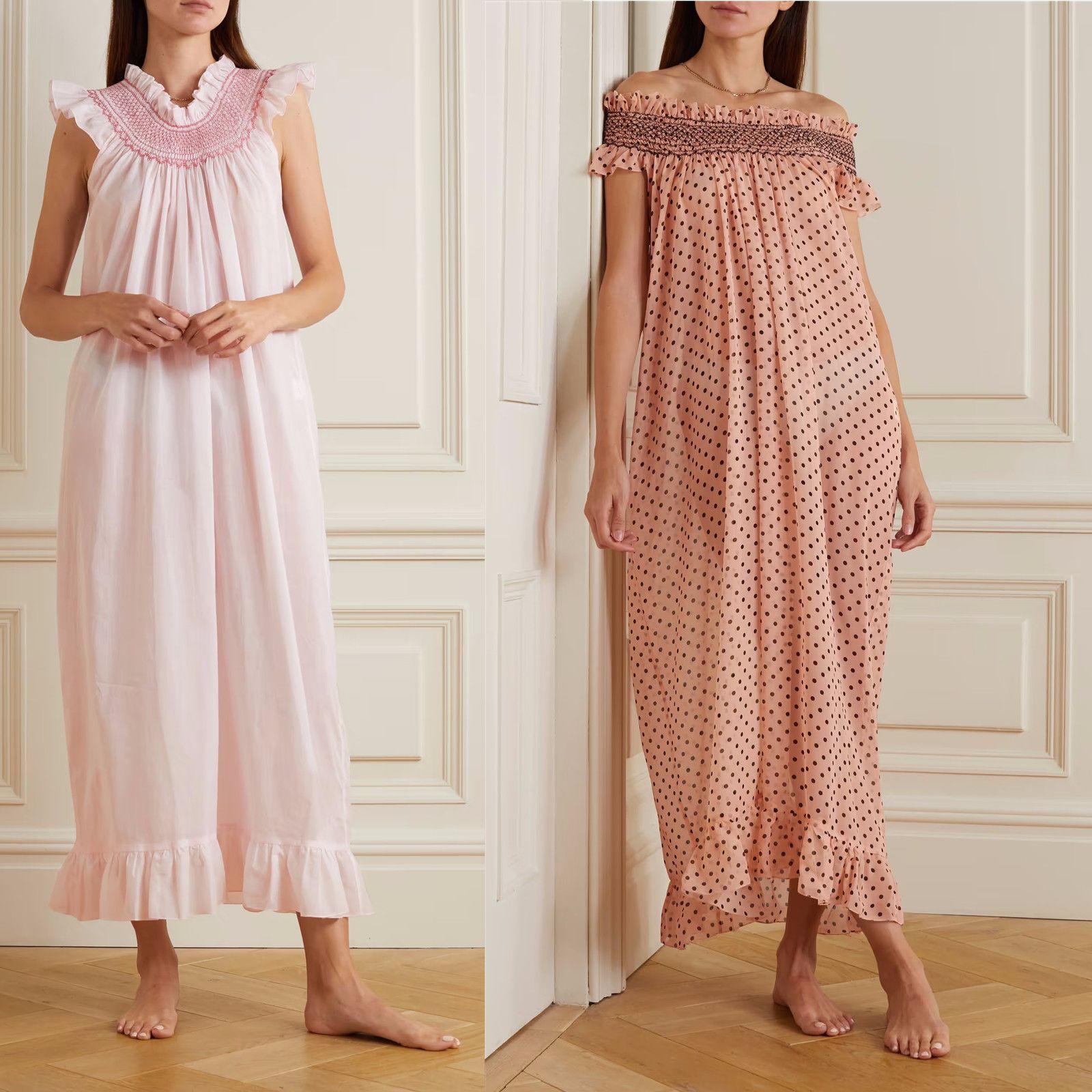 Factory China OEM Top Quality New Design Hot Selling Women Ladies Nightwear Silk Pajamas Sets Ruffle Smock Cotton-Voile Nightdress Sleepwear
