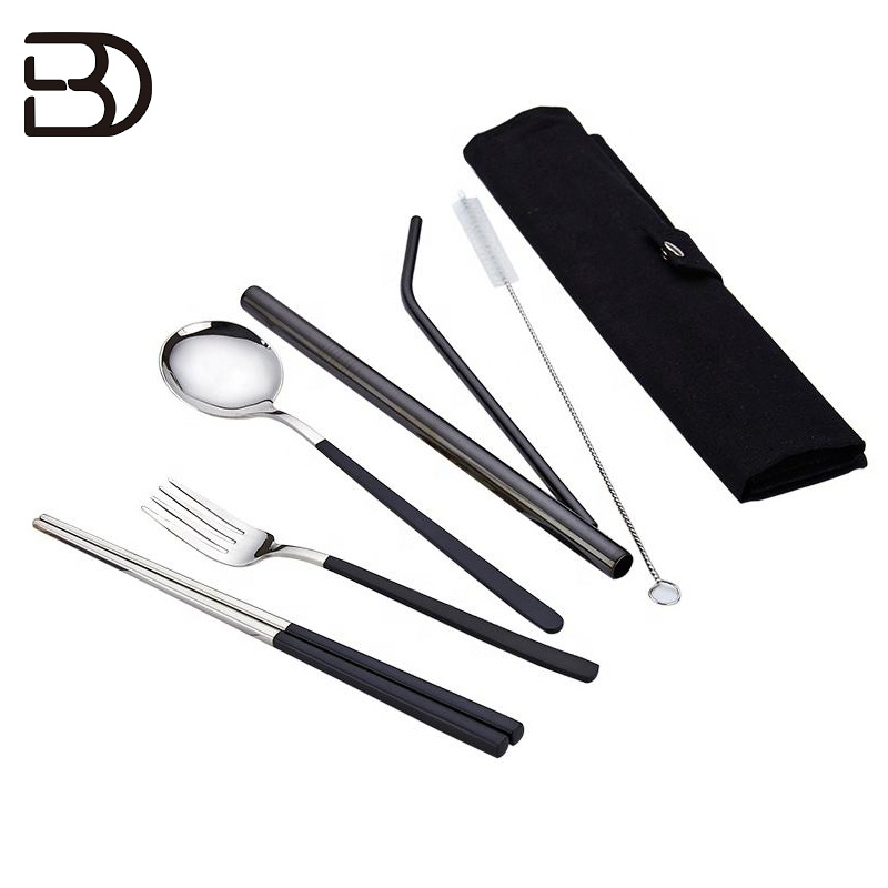 Reusable Portable Travel Spoon Chopsticks Knife Fork Metal Cutlery Set and Straw