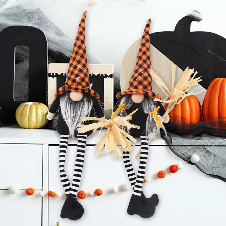 2025 Halloween Witch Dolls Swedish Fabric Orange Plaid Novelty Sitting Halloween Witch Gnomes