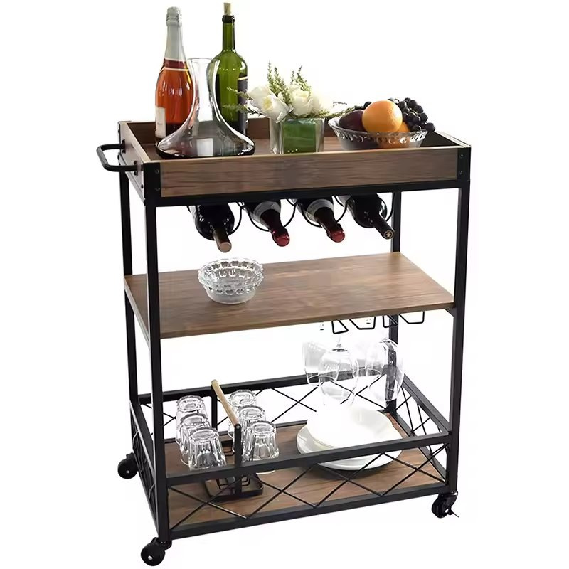 Three-Ply Trolley Removable Red Wine Storage Rack Iron Wood Wine Rack Kitchen Seasoning Storage Rack Living Room Dining Room