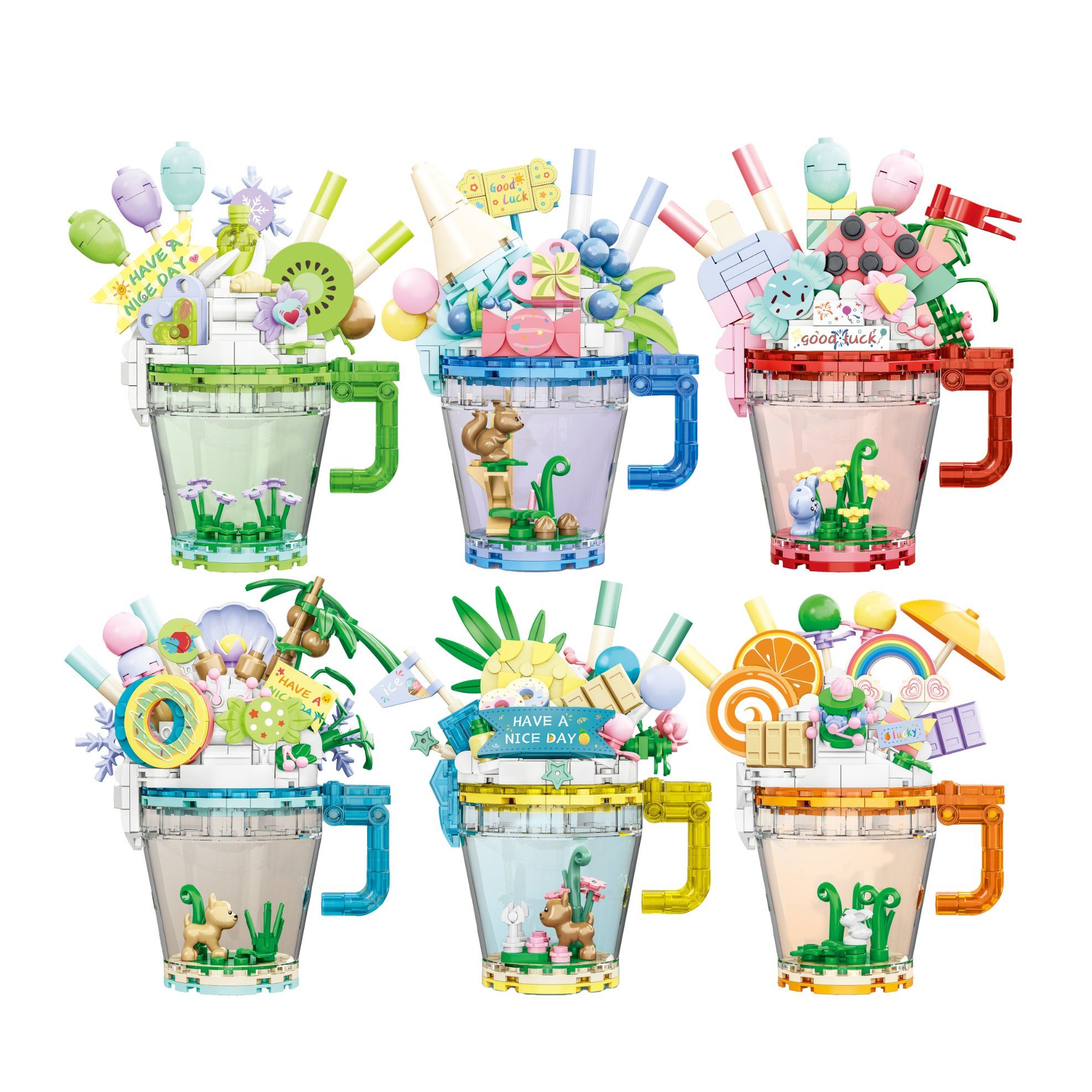 Promotional DIY Simulation Realistic Flower Fruit Candy Mini Decoration Brick Building Block Toy with Vase Pot Cup