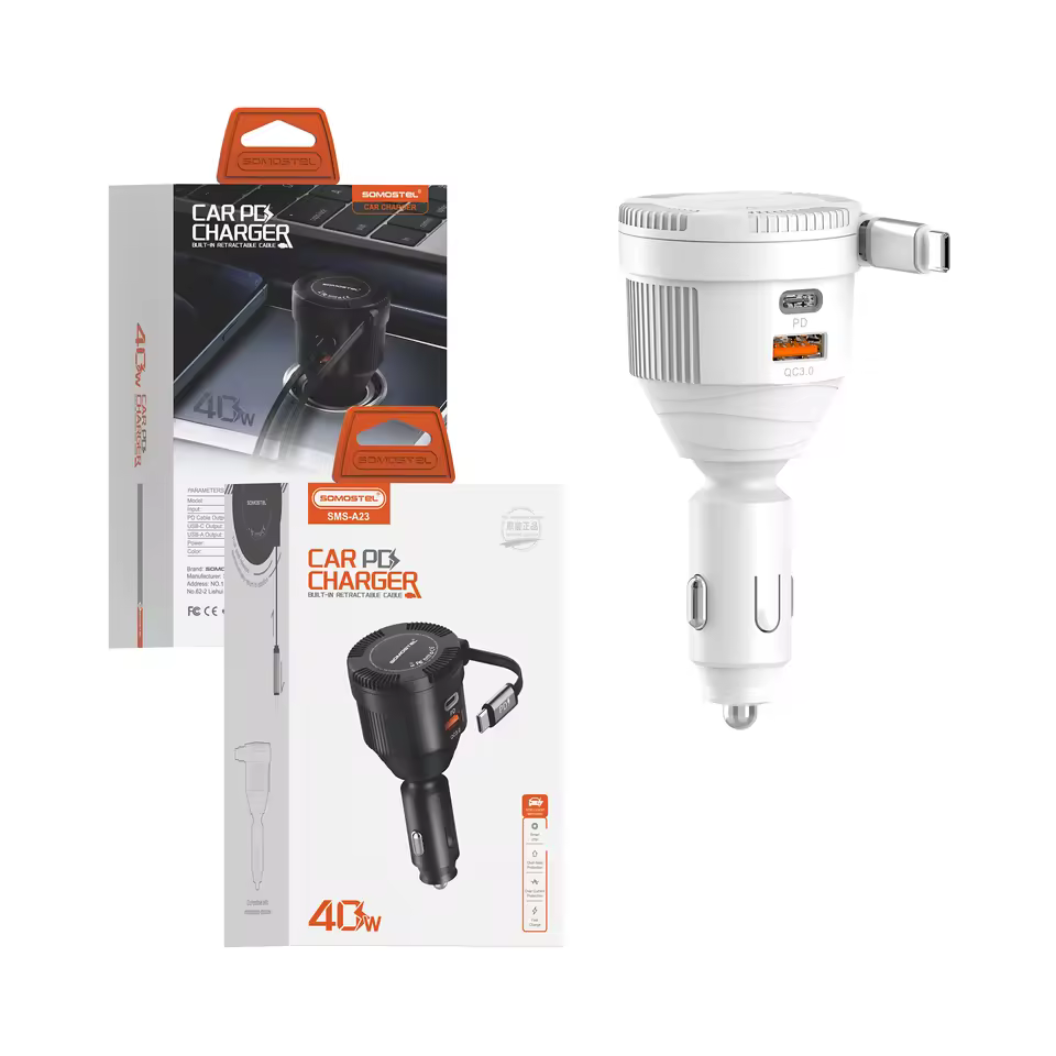 New Good Price Built-in Retractable Cable Usb A Qc3.0 Usb C Pd 40w Premium Rotatable Fast Charging Car Charger Phone Accessory