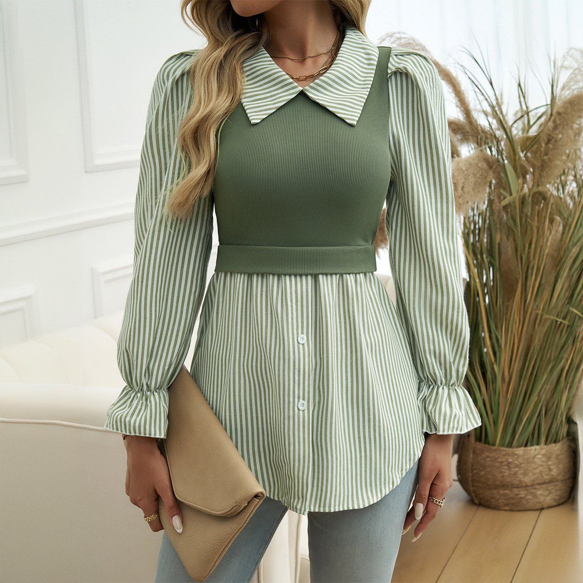 Stylish Patchwork Shirt with Puff Sleeves Shirt Top