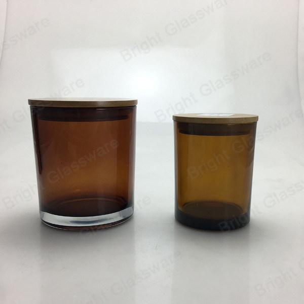 Hot Sale Amber Glass Candle Holder with Wooden Candle Lid