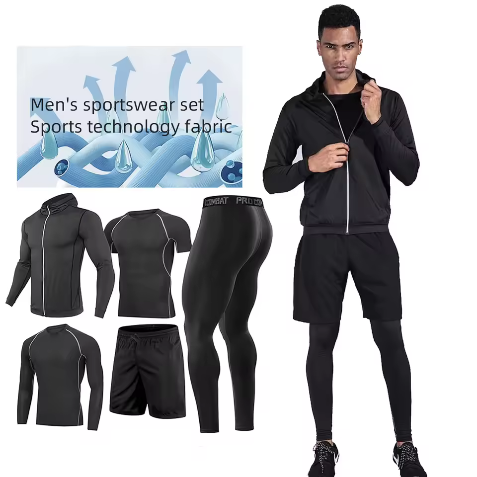 Wojieer Gym Sports Running Set Men's Breathable Quick Drying Fitness Clothes Night Running Outfit Set Tight Men Training Clothes