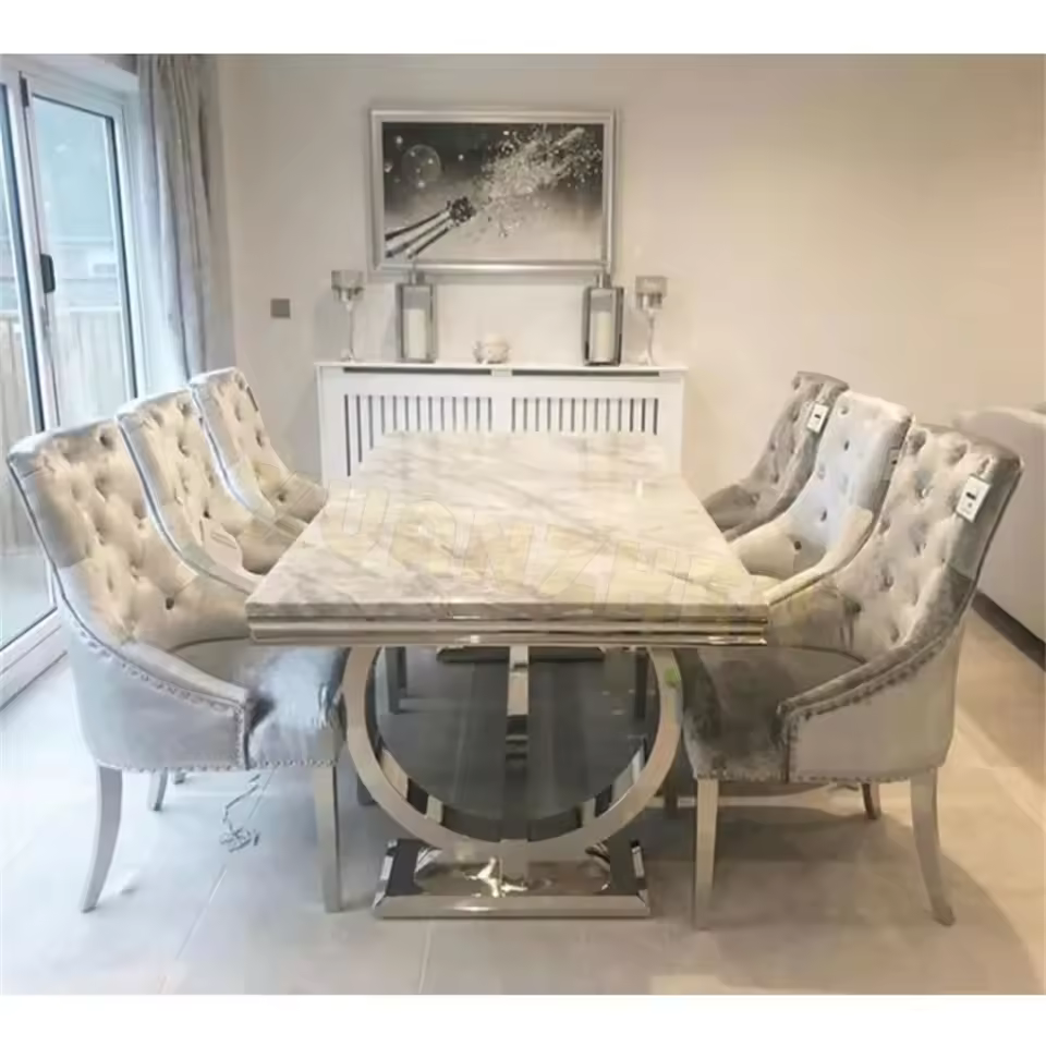 Fast Selling Home Furniture Stainless Steel Base Rectangular Marble Top Dining Tables 6 Chairs Luxury Dining Table Set In Uk