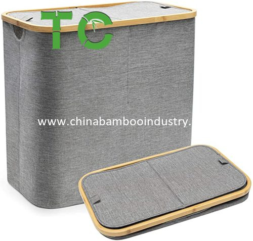 Wholesale Bamboo Double Laundry Hamper with Lid, Collapsible Dirty Clothes Basket with Handles, 2 Section Waterproof Small Clothes Hamper Storage