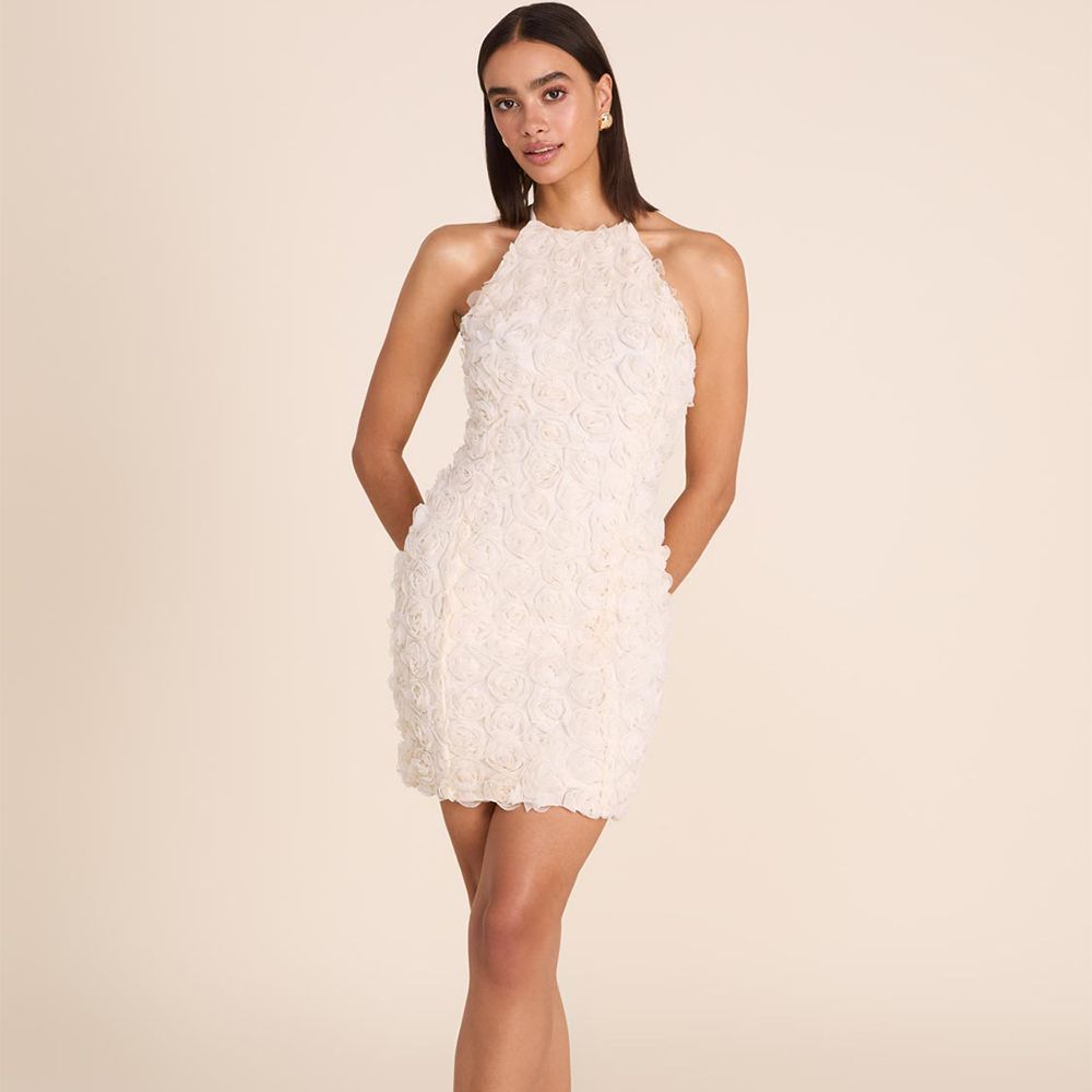 Manufacturer Factory Women Dress White Halterneck Pretty Floral Mimi Dress Elegant Halter Backless Flower Applique Dress for Ladies