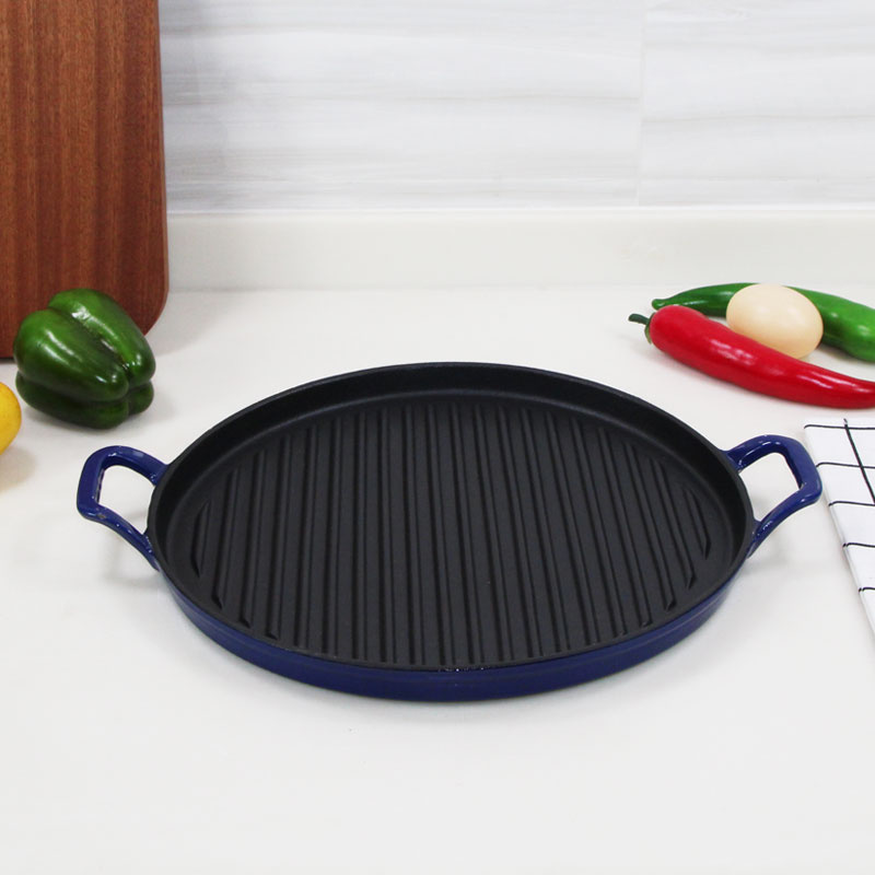 2024 Amazon Hot Sale Enamled Round Cast Iron Griddle Pan Grill Pan Griddle Plate BSCI LFGB FDA