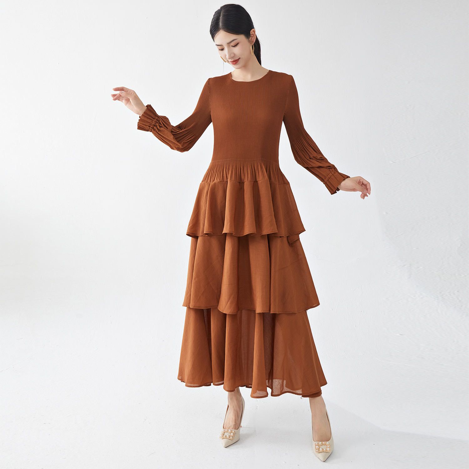 Wholesale Women's Casual Dress 2025 Latest Design Miyake Dress Polyester Fabric Printing Dress