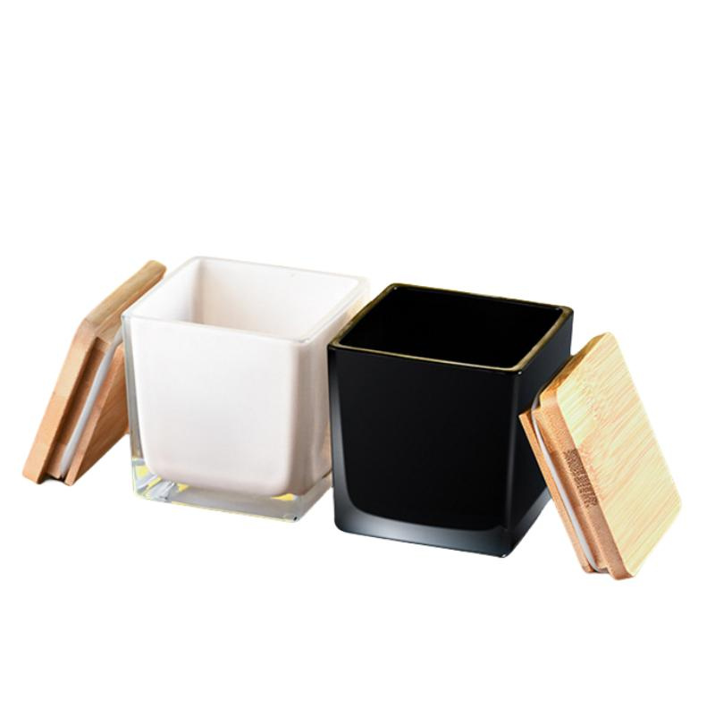 Christmas Decoration Glassware Clear Black White 4oz 6oz 8oz 10oz 14oz 16oz Square Candle Jar Container Empty Glass Matte Square Candle Holder with Bamboo Lid