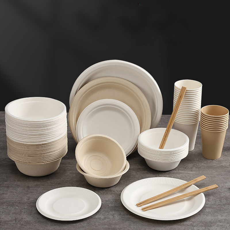 Disposable Tableware Bagasse Paper Bowls Food Packing Containers Biodegradable Salad Soup Paper Bowl with Lid