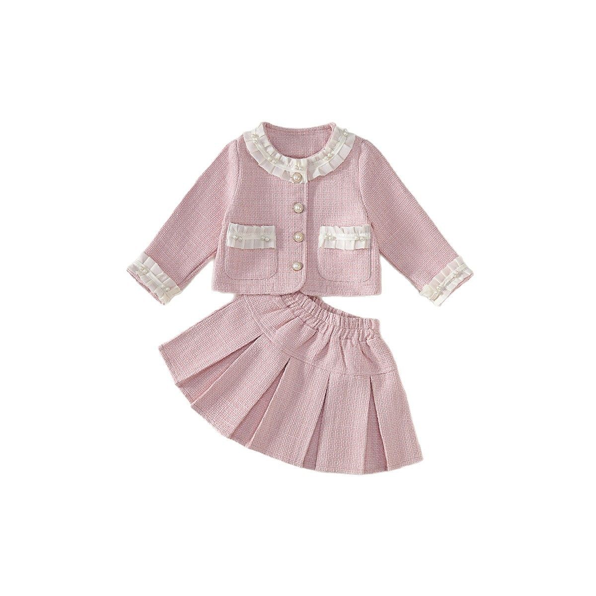 Girl Tweed Dress Set Checkered Pearl Chic Style