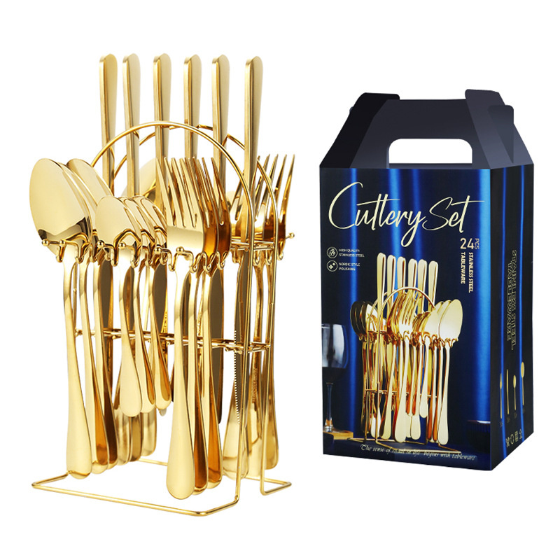 Factory Stainless Steel Steak Knife, Fork Spoons 24PCS Flatware Metal Tableware Dinner Gold Cutlery Gift Box Set