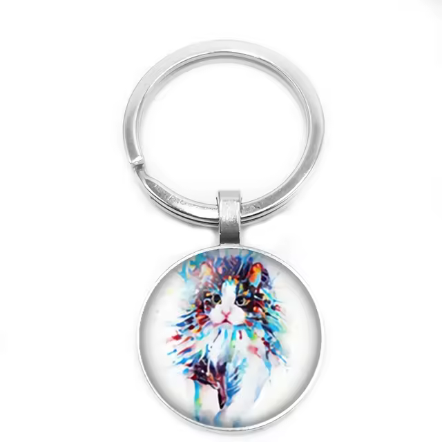 New Hot Art Charm Color Cute Cat Round Photo Glass Cabochon Gift Wholesale Stock Price Keychains