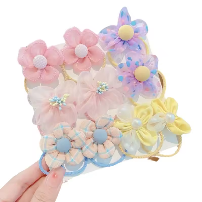 Sweet Style Children's Flower Hairband Summer 10pcs Set Headband Girls' Mesh Hair Rope Hand Made Elastic Rubber Band
