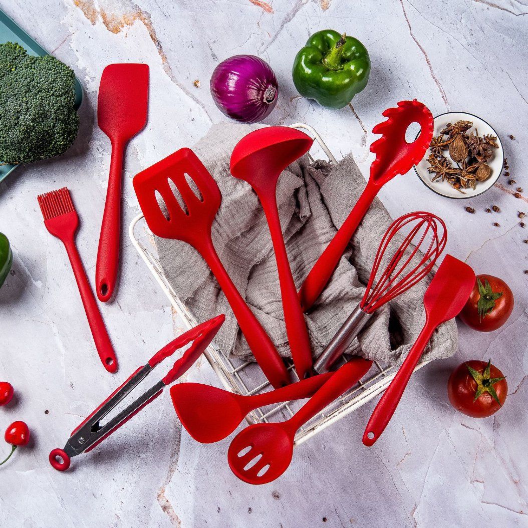 10-Piece Silicone Kitchenware Set, Non-Stick Cooking Spatulas and Spoons Tools, Pink Claw Draining Spatula, Scraper, Kitchen Utensils