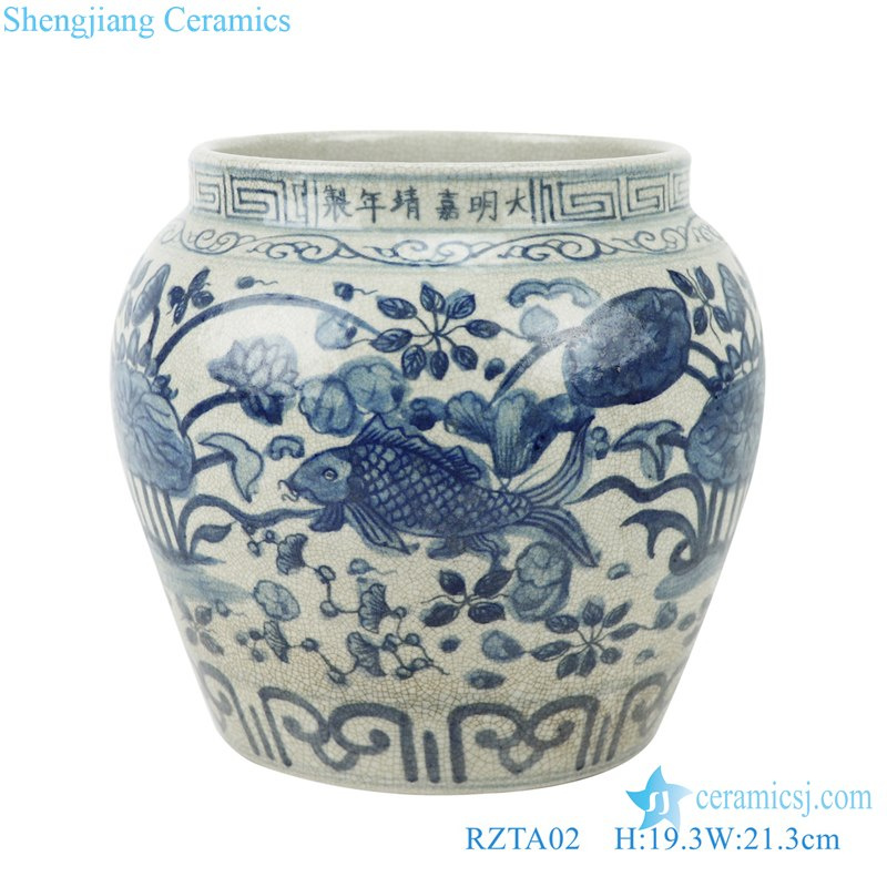 Rzta02 Series Jingdezhen Antique Blue White Fish Alga Pattern Crackled Ceramic Pot