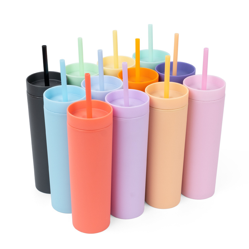 Eco-Friendly Water Bottles 16oz Skinny Tumbler Double Walled Acrylic Matte Plastic Bulk Tumbler