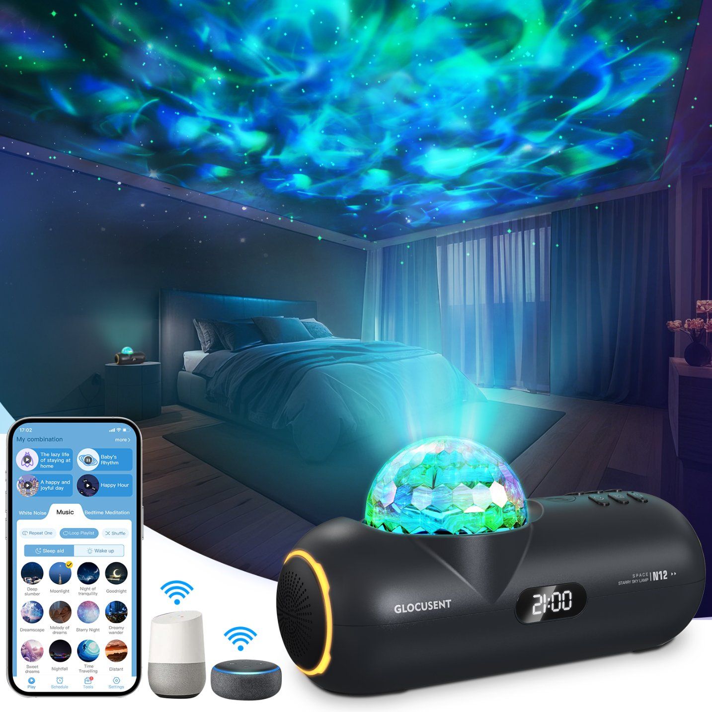 Starry Sky Night Light Rotating Nebula Star Projector Lamp with White Noises