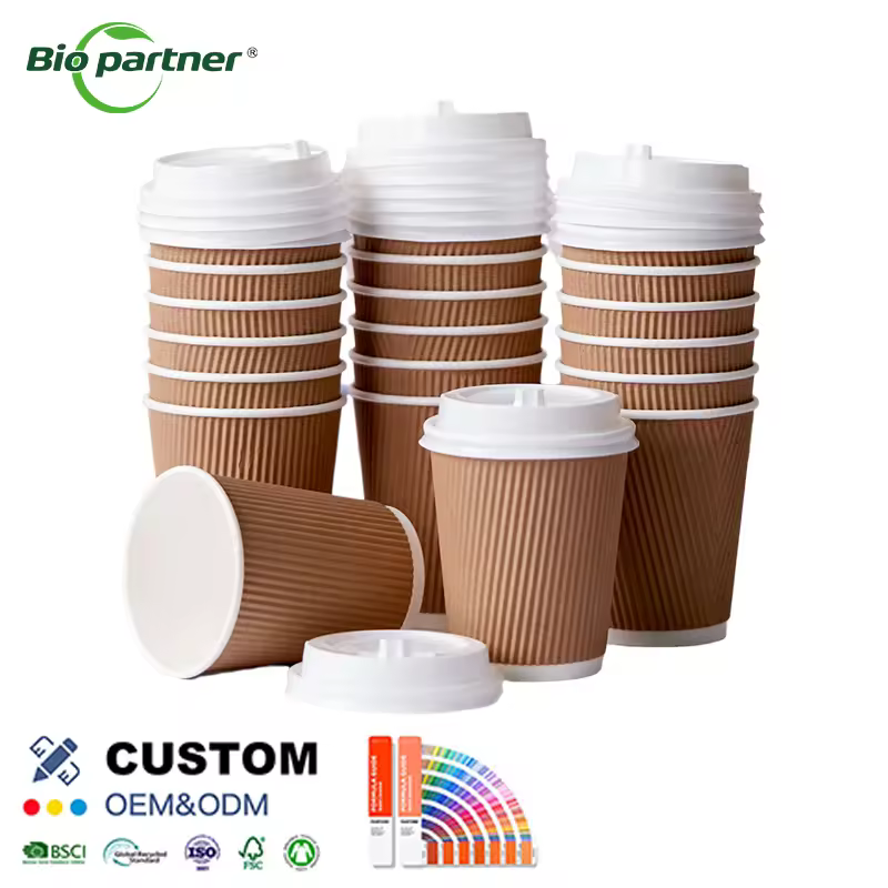 Oem Factory Biodegradable Disposable Cafe Takeaway Cup Double Wall Kraft Paper Hot Coffee Beverage Cup With Lid