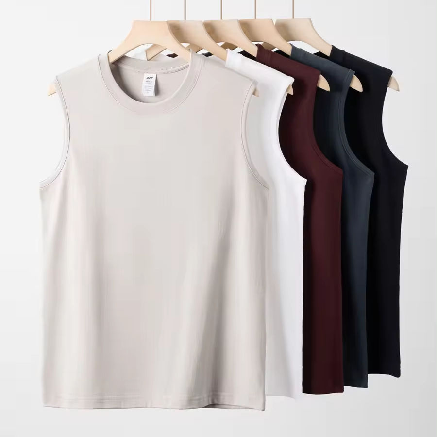 Summer Muscle Workout Sports Vest Men's Cotton 230GSM Loose Breathable Sleeveless Waistcoat Solid Color Men's Tank Top