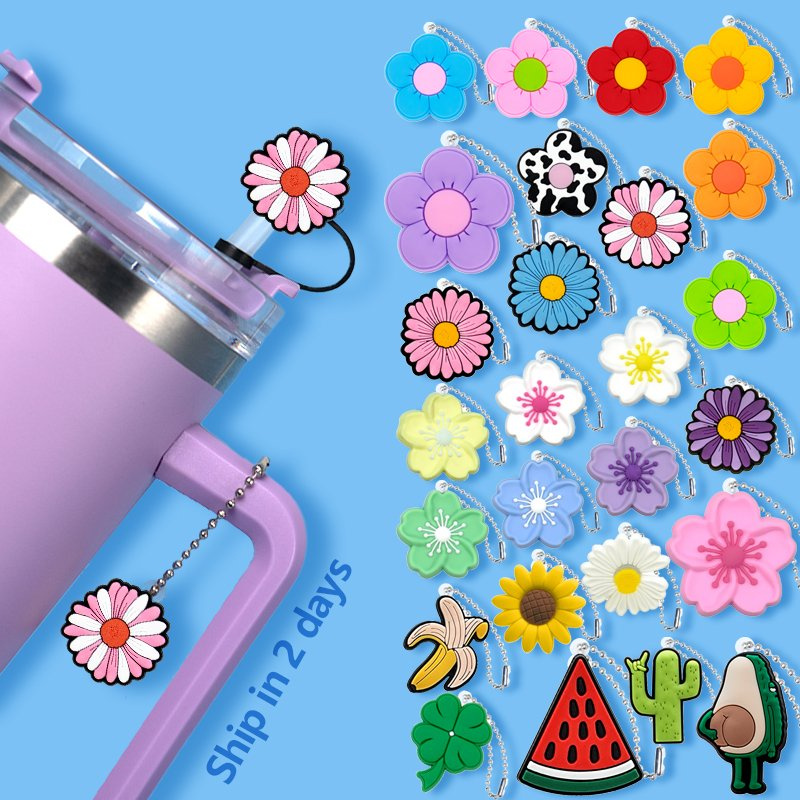 Eco Friendly Reusable Flowers Plants Couple PVC Cup Charm Chain Straw Cap Straw Toppers Set Drinkware Accessories Bulk Wholesale