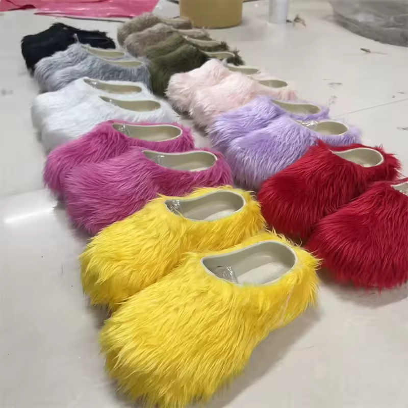 Winter Latest Bal*cro Designer Comfortable Thick Faux Fur Slippers Soft Shaft Boots For Women Furry Snow Shoes