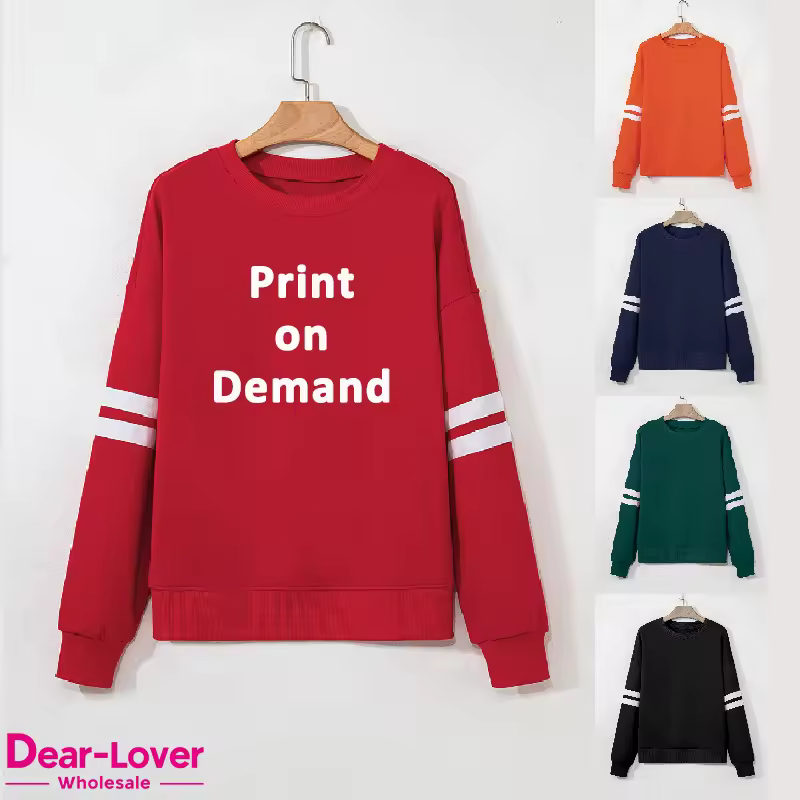 Dear-lover Wholesale Varsity Striped Drop Shoulder Knitted Women Plain Blank Oversized Pod Logo Custom Embroidered Sweatshirt