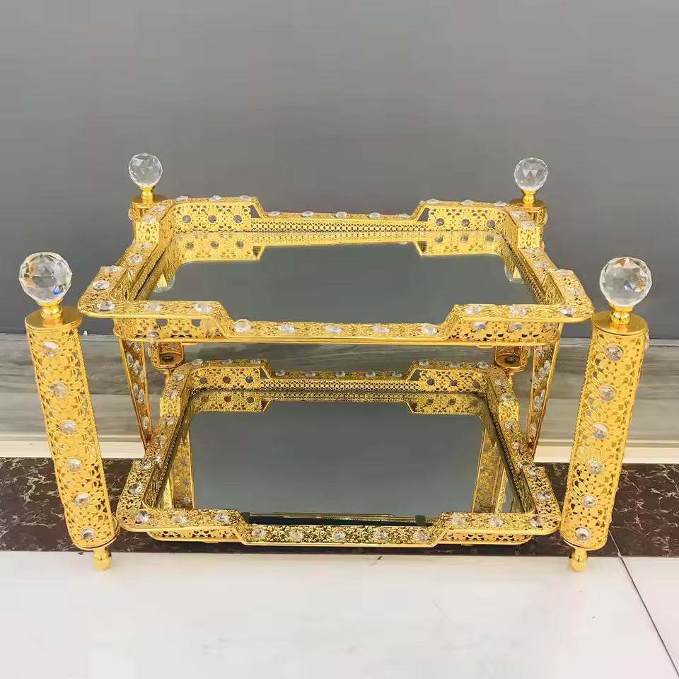 2025 Hot Selling Light Luxury Ethiopian Style Gold Copper Diamond Fruit Tray Home Decor Golden Rekebot Coffee &tea Table Set