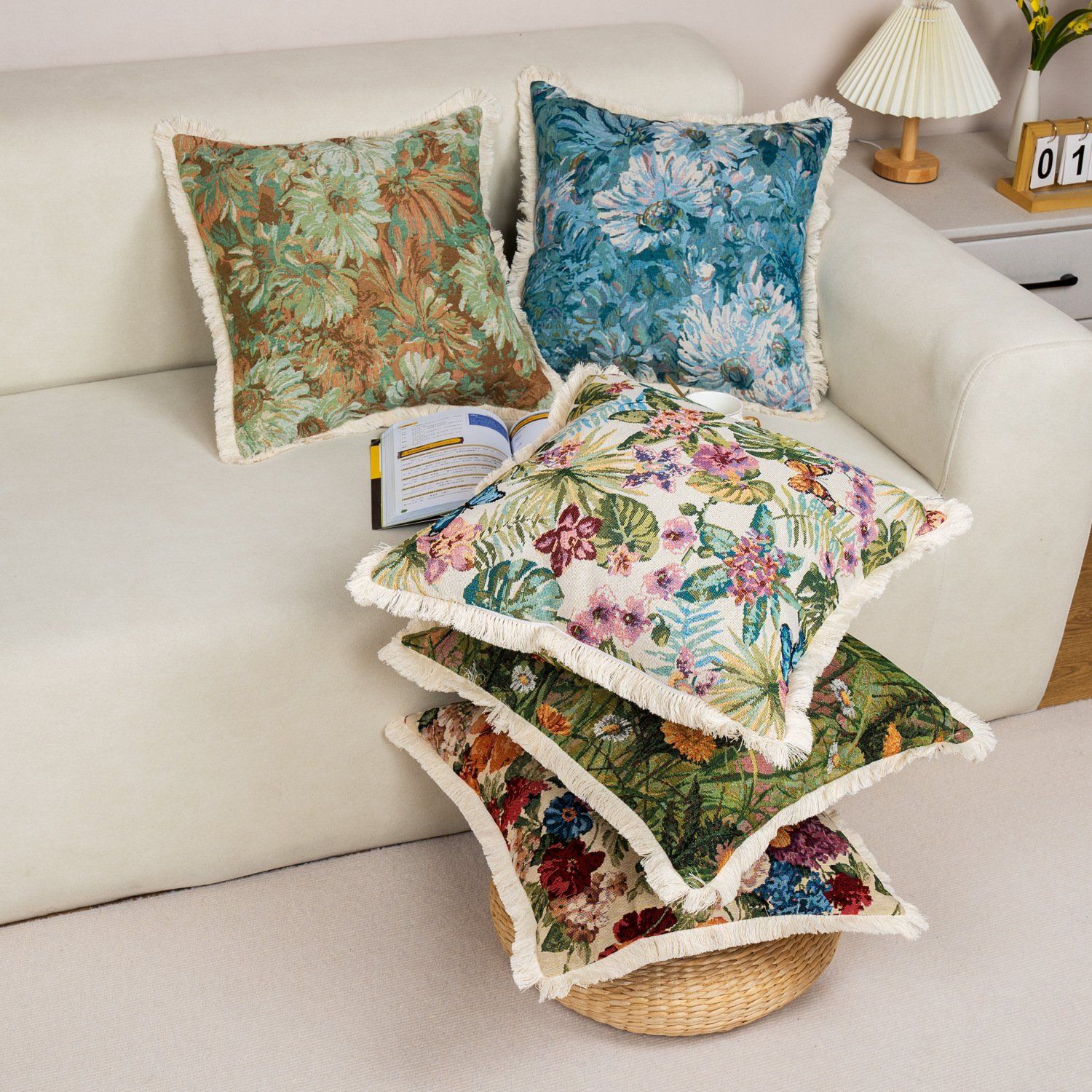 Dairui Ready Stock Oil Painting Style Pillow Covers with Inserts Jacquard Square Cushions for Sofa and Bed