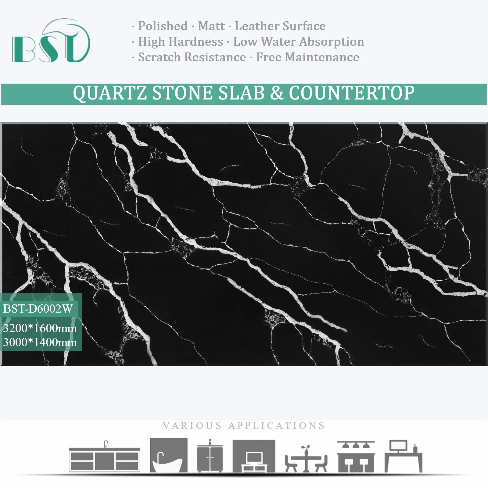 Engineered Pure Black Calacatta Silica Free Stone Surface Kitchen Countertop